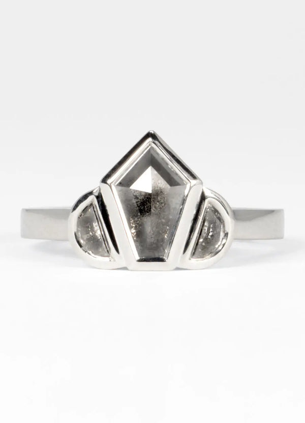 Elongated Pentagon Salt & Pepper Diamond Trilogy Ring James Newman Jewellery