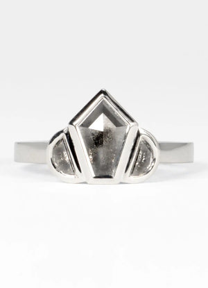 Elongated Pentagon Salt & Pepper Diamond Trilogy Ring James Newman Jewellery