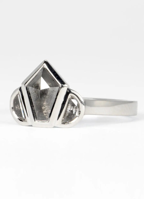 Elongated Pentagon Salt & Pepper Diamond Trilogy Ring James Newman Jewellery