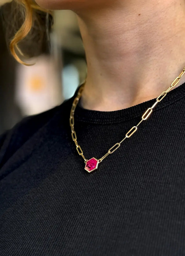 Hexagonal Ruby Paperclip Pendant James Newman Jewellery