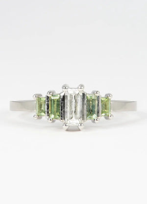 White Diamond and Australian Green Sapphire Baguette Ring James Newman Jewellery