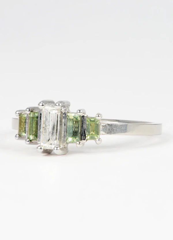 White Diamond and Australian Green Sapphire Baguette Ring James Newman Jewellery